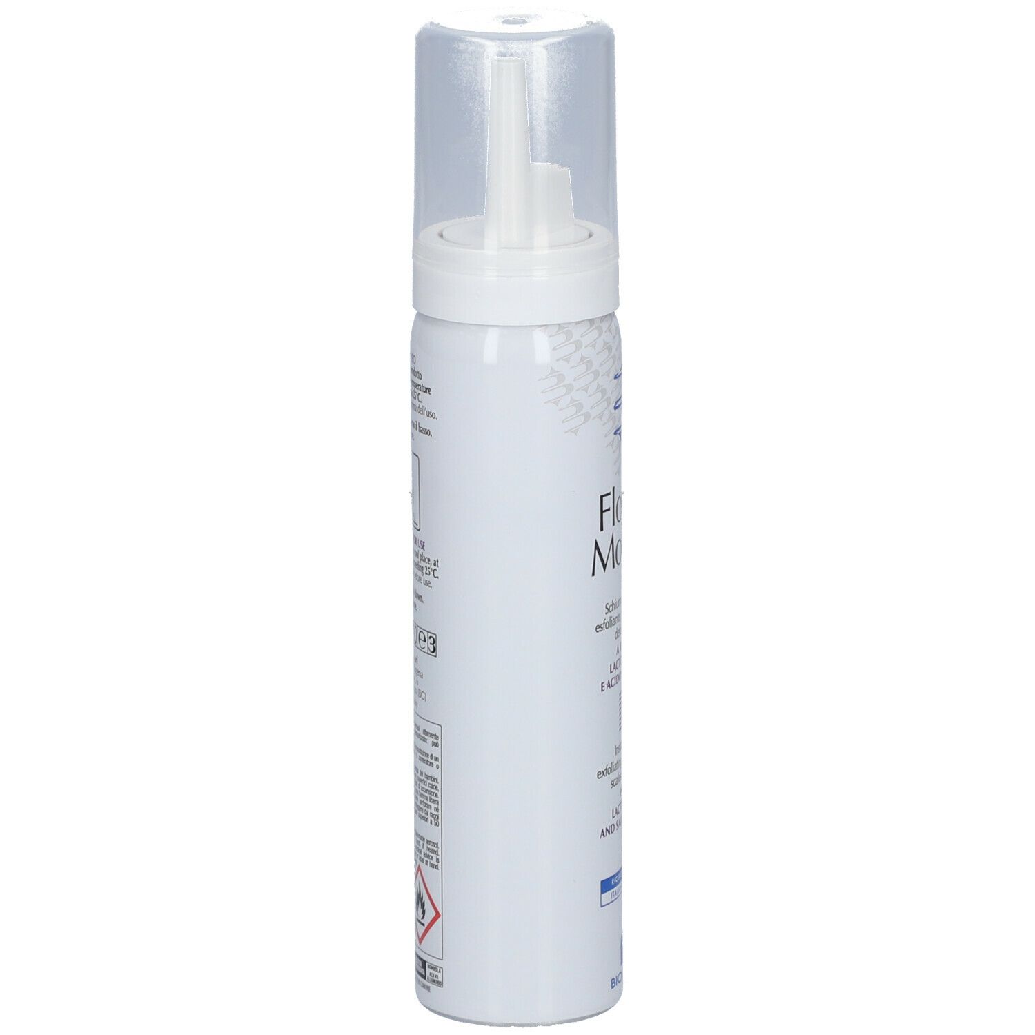Flacone bianco con erogatore spray, vista laterale. Scritte e avvertenze. Logo BIOGENA.