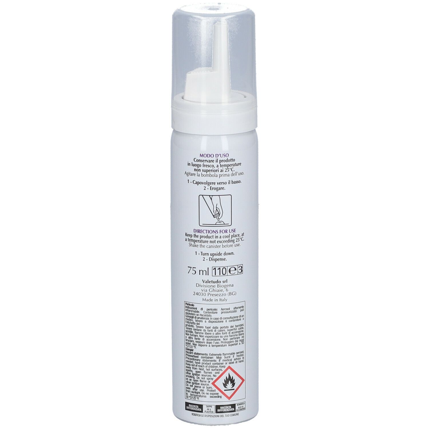 Flacone bianco con erogatore spray. Retro con istruzioni per l'uso e avvertenze. Volume: 75 ml.