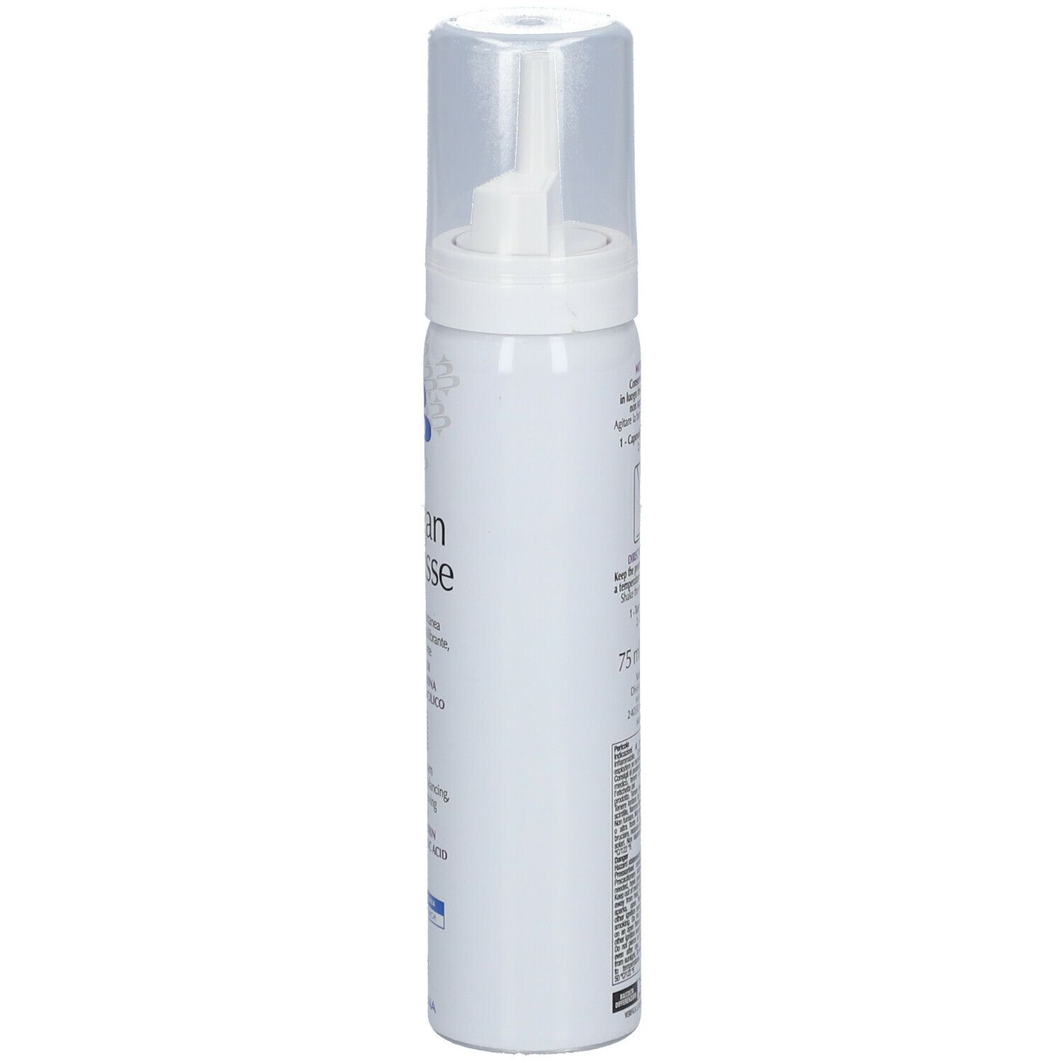 Flacone bianco con erogatore spray, vista laterale. Scritta: Flogan Mousse. Logo BIOGENA.