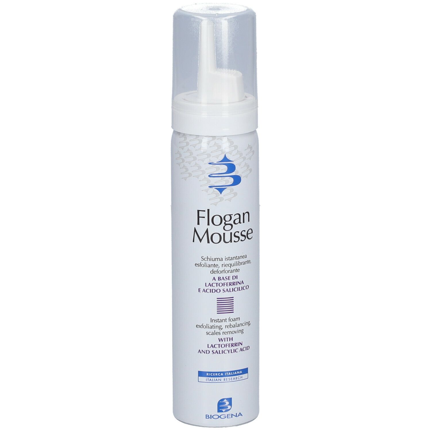 Flacone bianco con erogatore spray. Scritta: Flogan Mousse, Instant Foam, con Lattoferrina e Acido Salicilico. Logo BIOGENA.