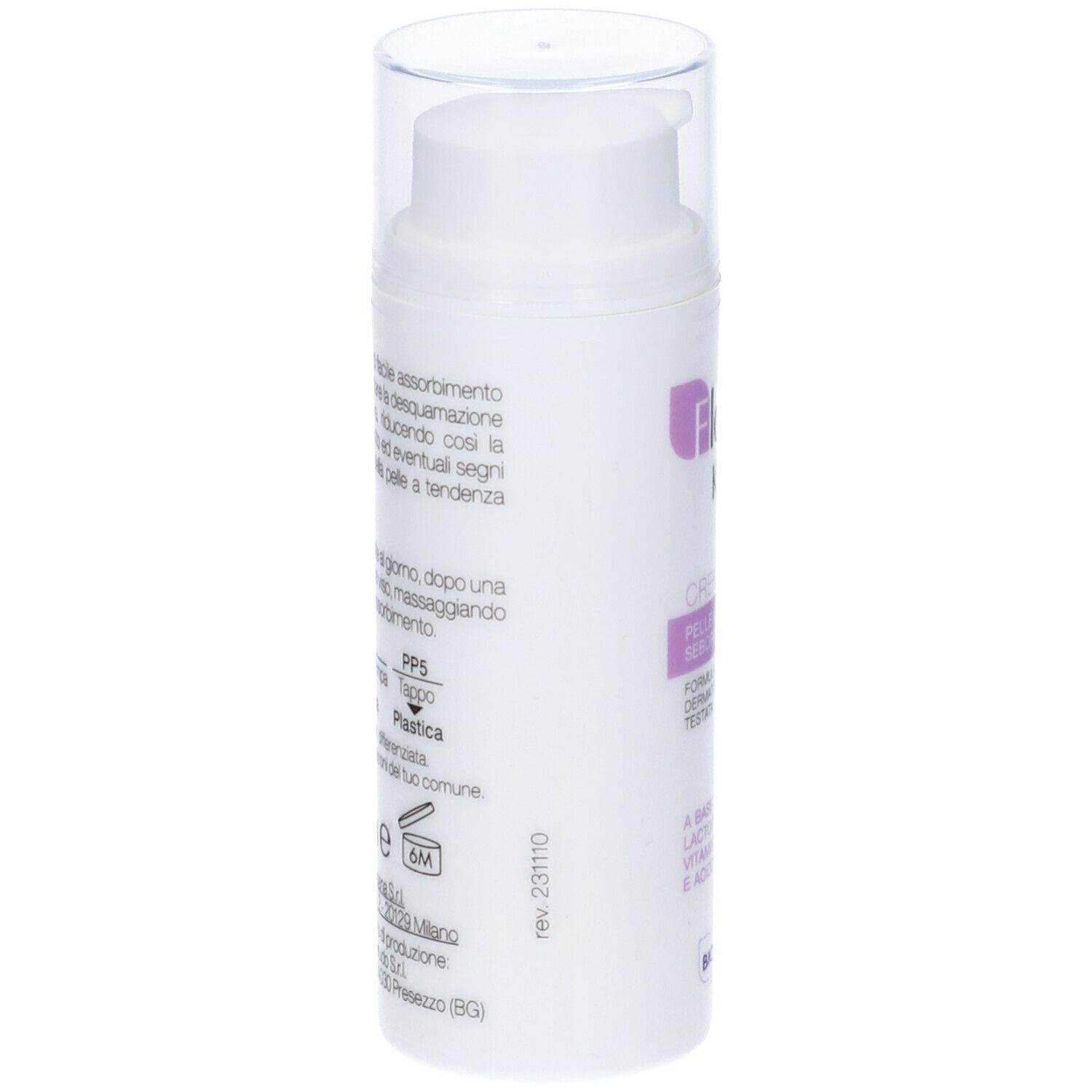 Crema viso Flogan Krem. Flacone bianco con dosatore. Informazioni sul prodotto e testo.