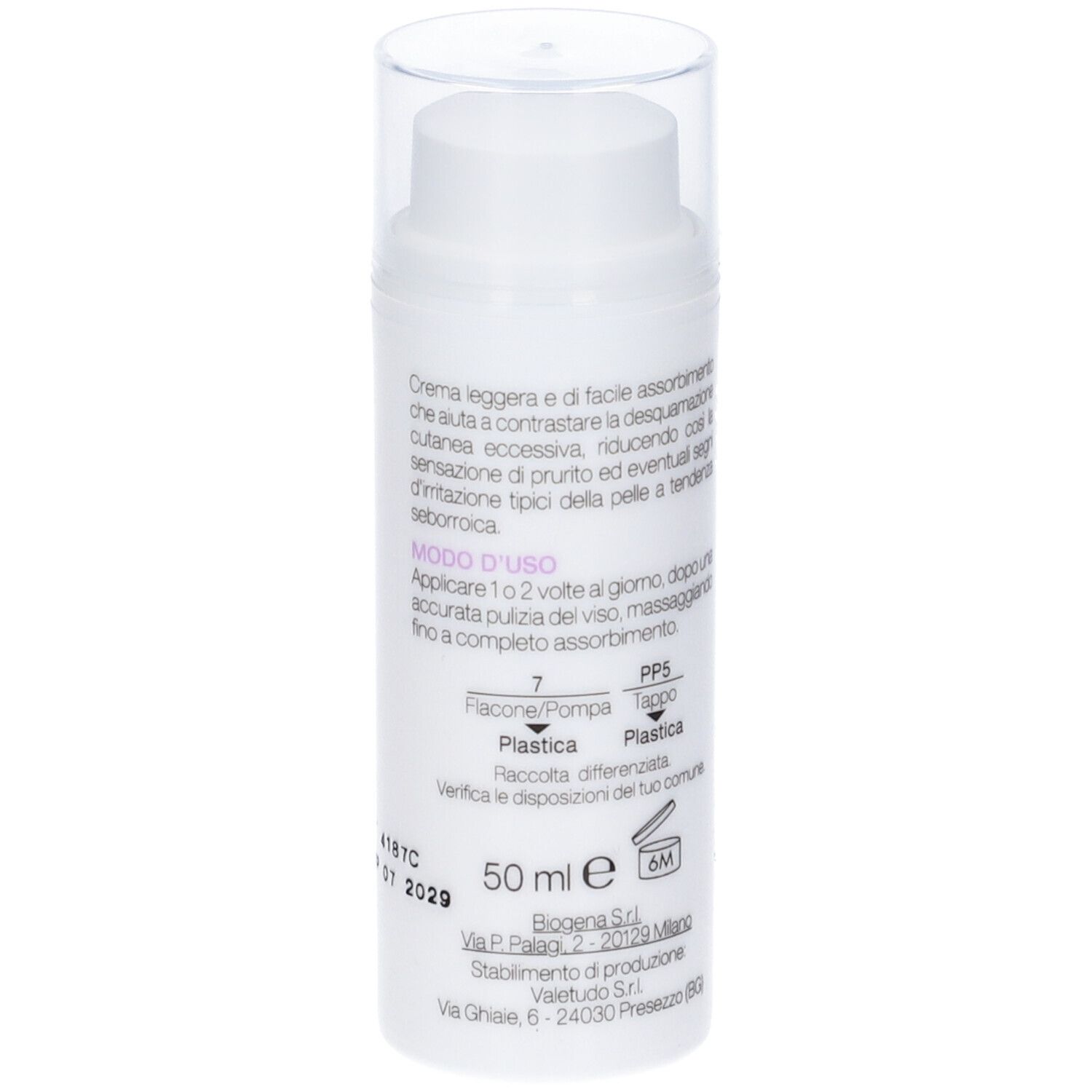 Crema viso Flogan Krem. Flacone bianco con dosatore. Informazioni sul prodotto e testo.