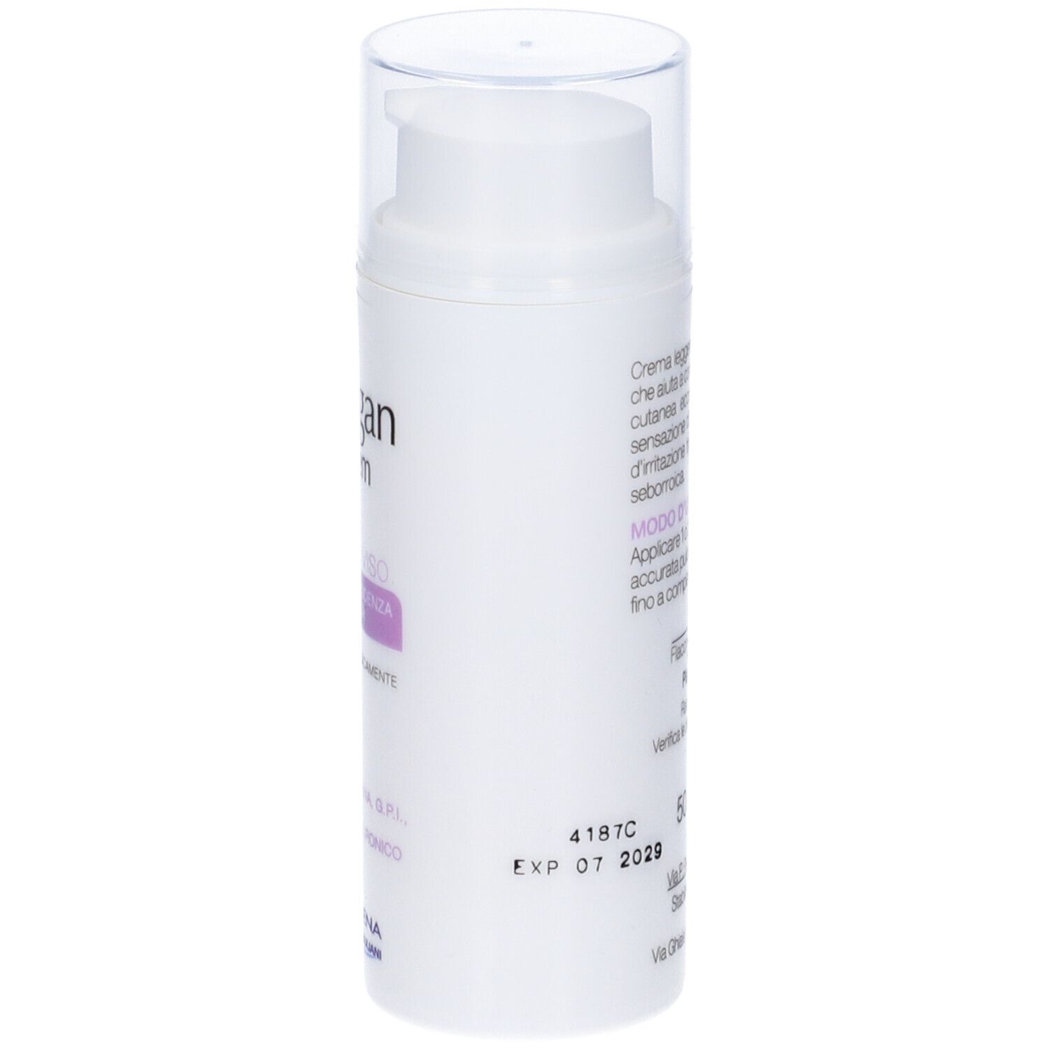 Crema viso Flogan Krem. Flacone bianco con dosatore. Informazioni sul prodotto e testo.