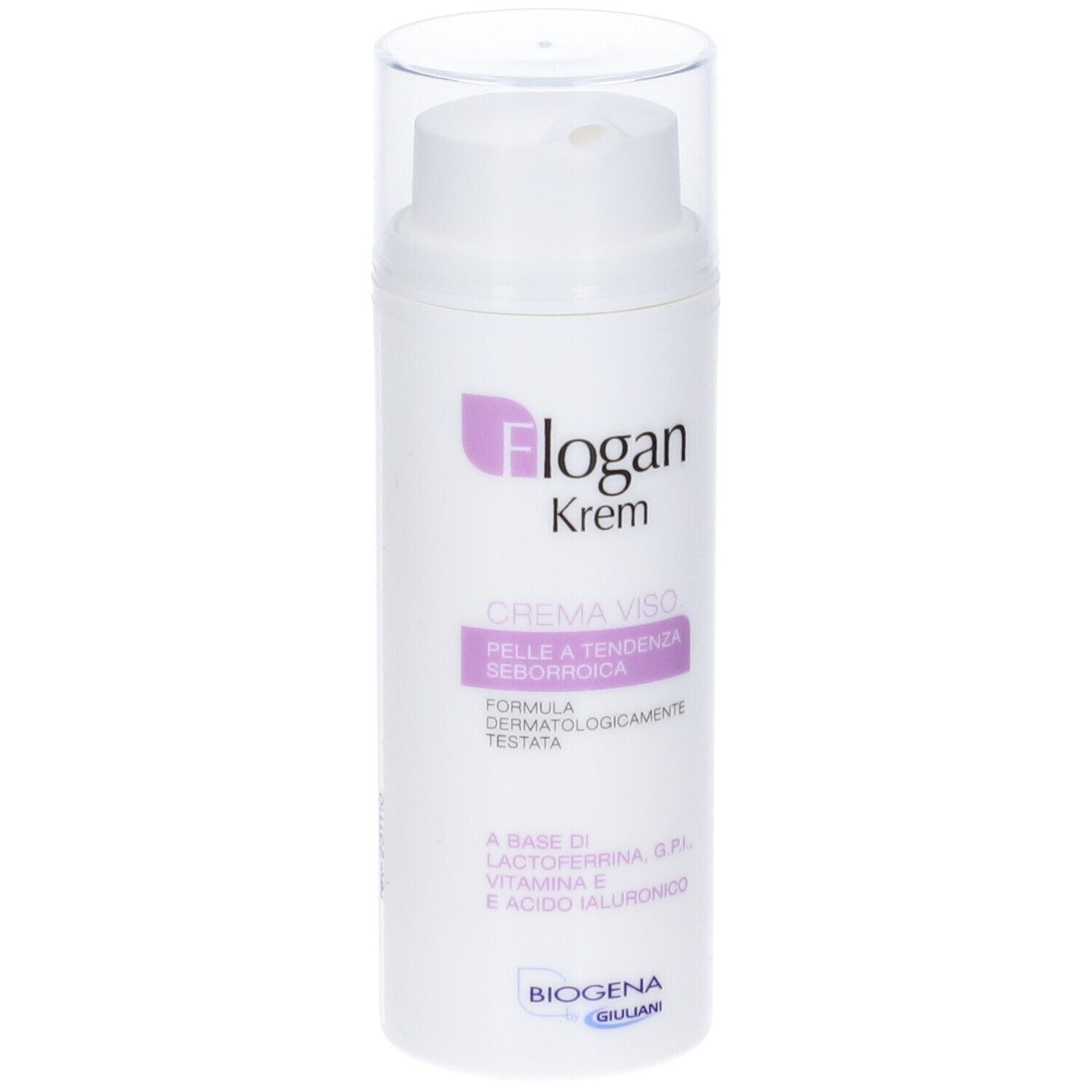 Crema viso Flogan Krem. Flacone bianco con dosatore. Informazioni sul prodotto e testo.