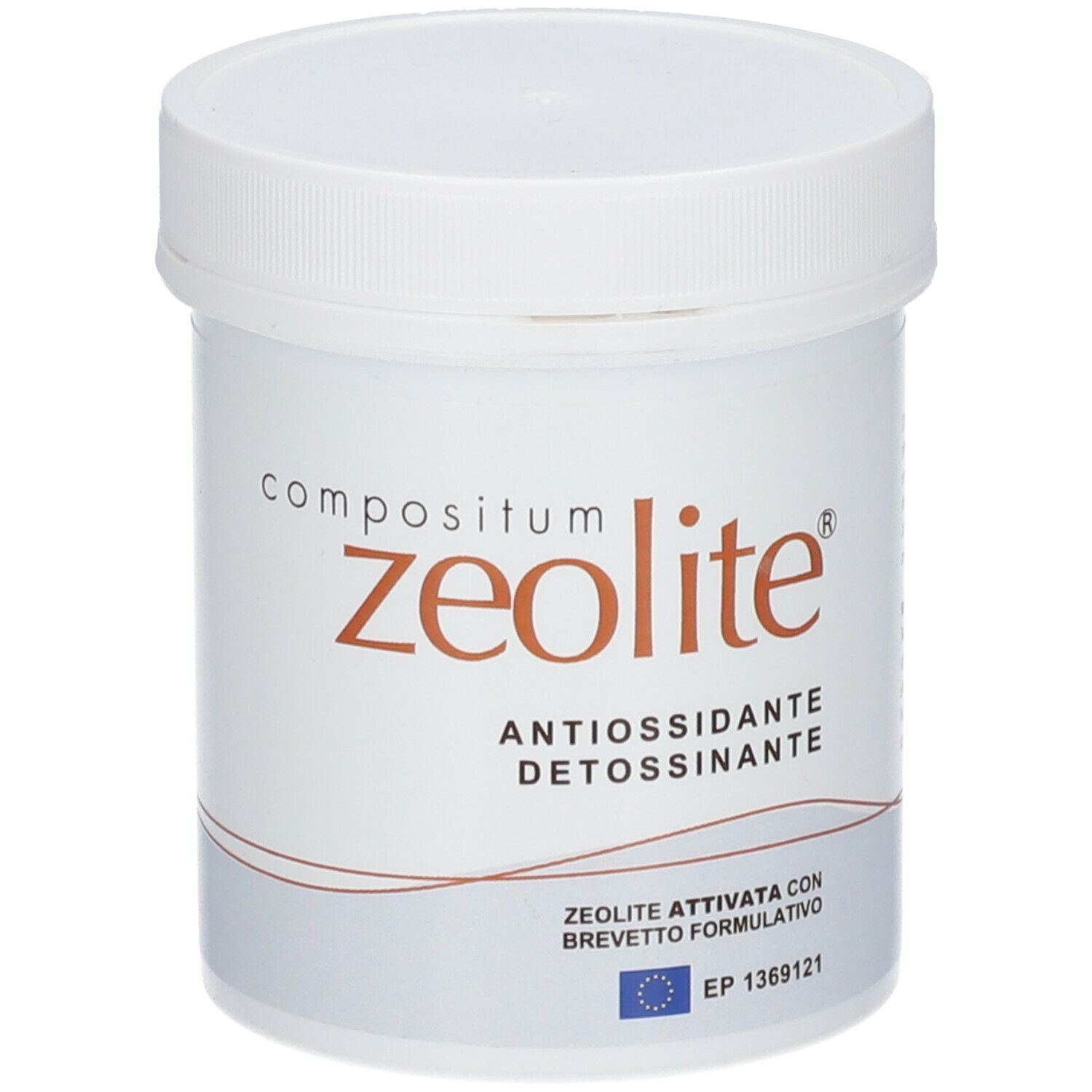 Contenitore cilindrico bianco con tappo a vite. Scritta: compositum zeolite, Antiossidante Detossinante. Certificazione UE.
