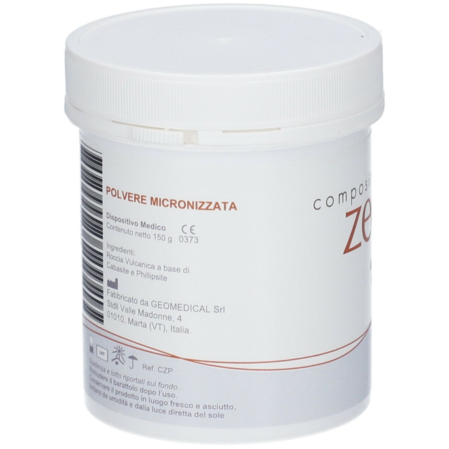 Contenitore bianco con tappo a vite. Scritta: Polvere Micronizzata. Informazioni produttore e ingredienti. Marchio CE.