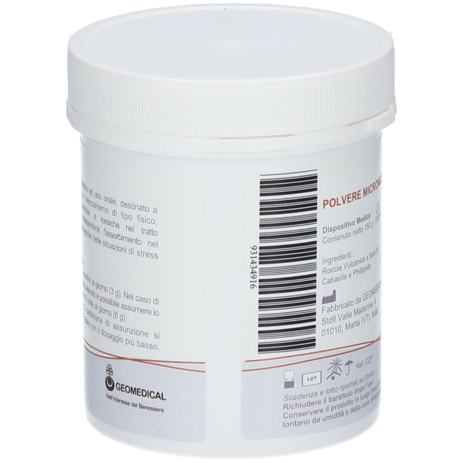 Contenitore bianco con tappo a vite. Codice a barre e informazioni produttore. Testo: Polvere Micronizzata. Marchio CE.
