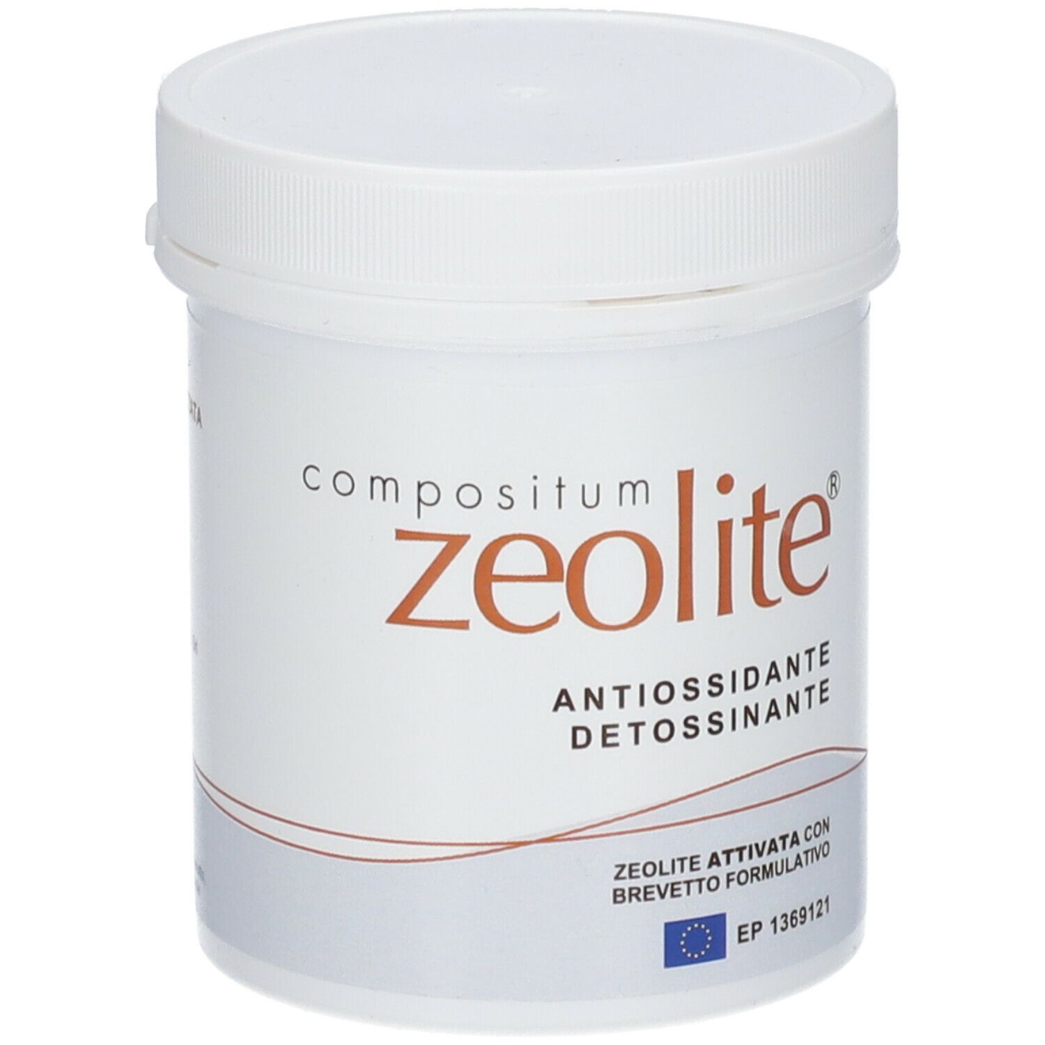 Contenitore cilindrico bianco con tappo a vite. Scritta: compositum zeolite, Antiossidante Detossinante. Certificazione UE.