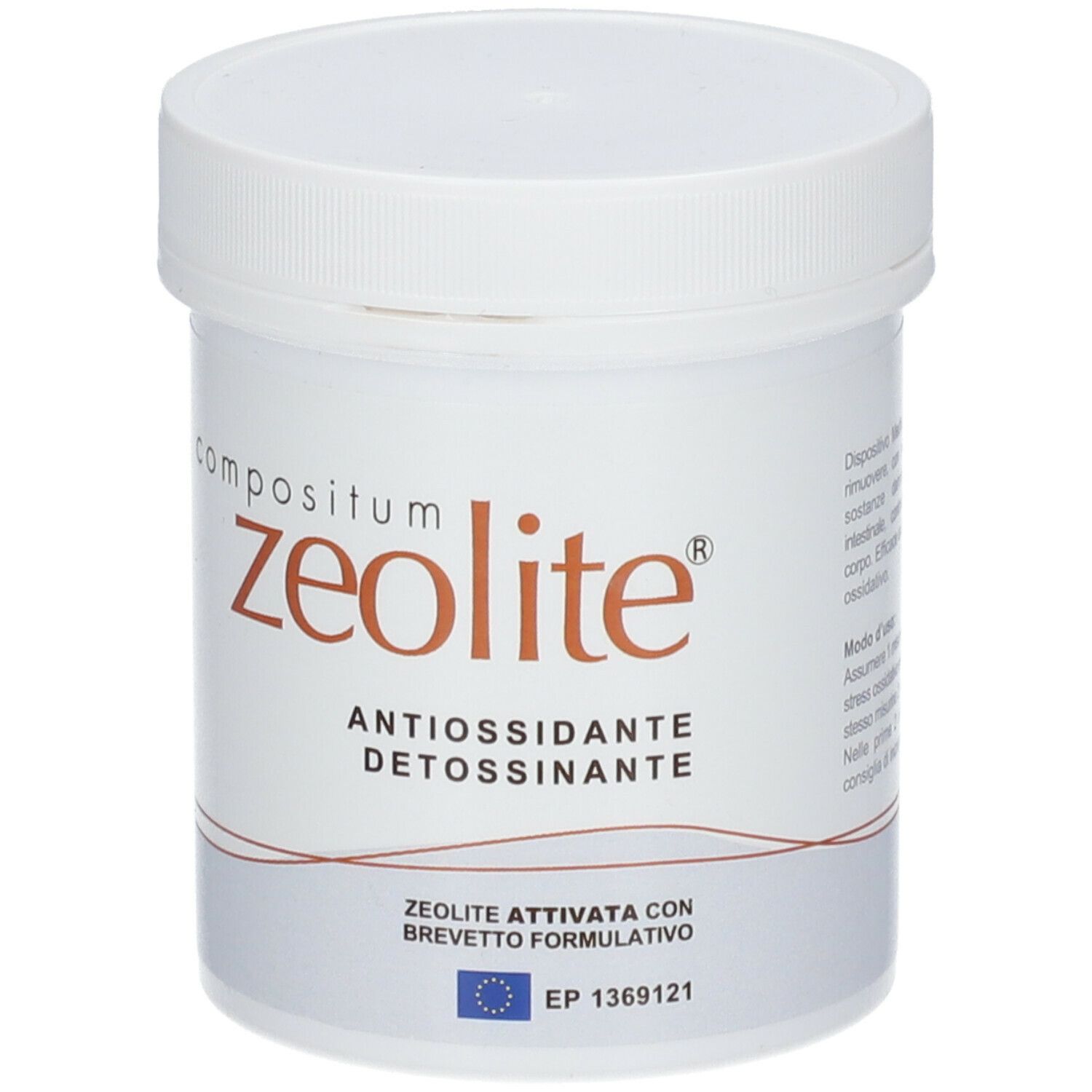 Contenitore cilindrico bianco con tappo a vite. Scritta: compositum zeolite, Antiossidante Detossinante. Certificazione UE.