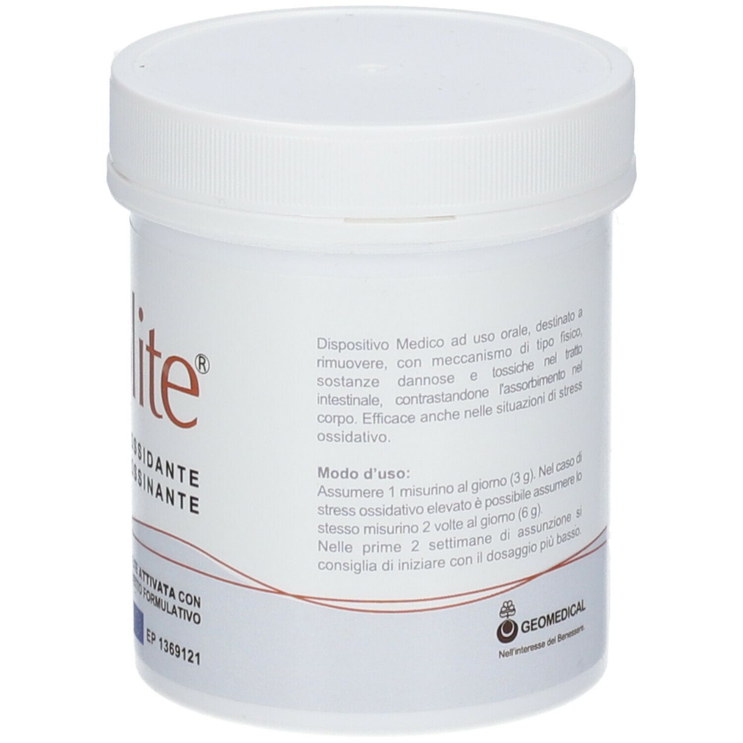 Contenitore bianco con tappo a vite. Scritta: compositum zeolite, Antiossidante Detossinante. Testo e certificazione UE.