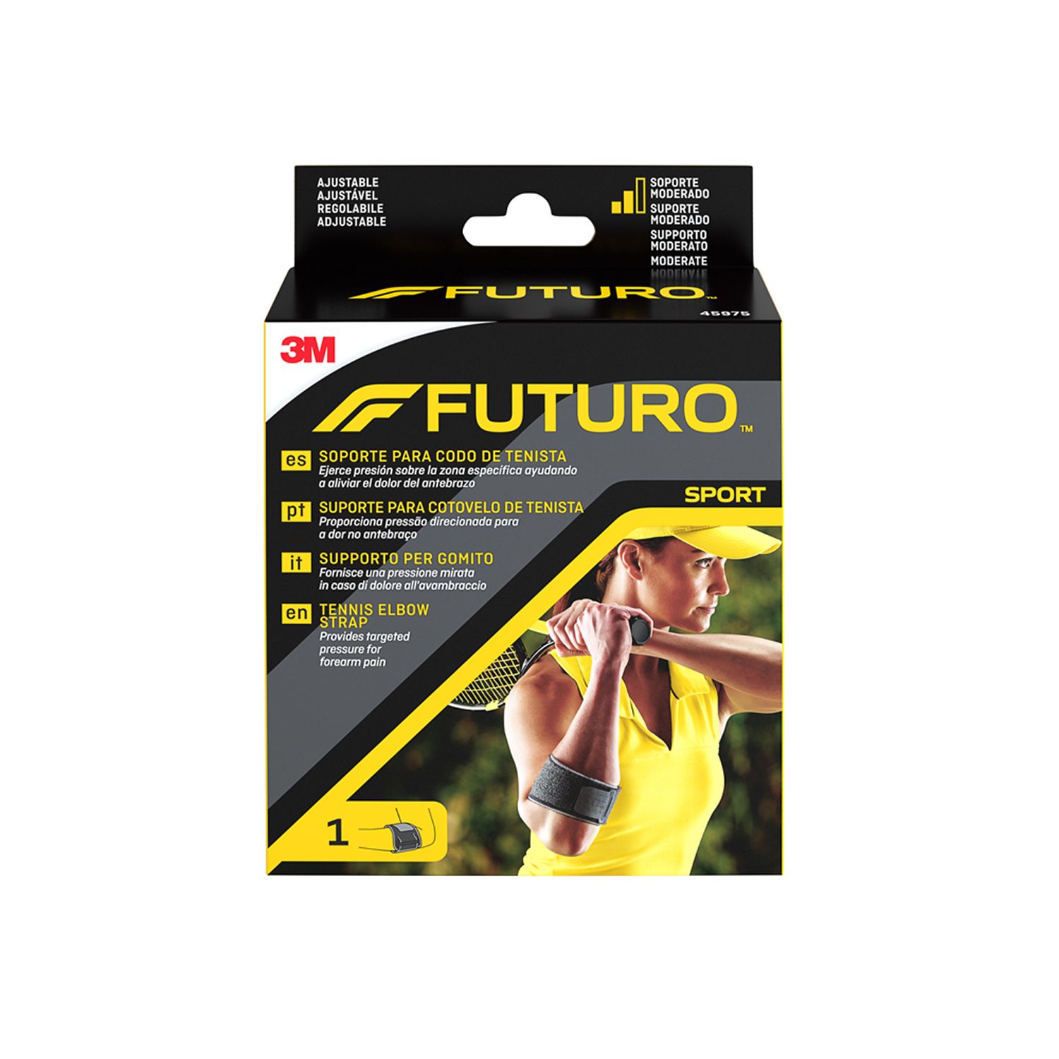 Confezione FUTURO™ Supporto per gomito Sport. Immagine prodotto e nome. Logo 3M. Testo multilingue.