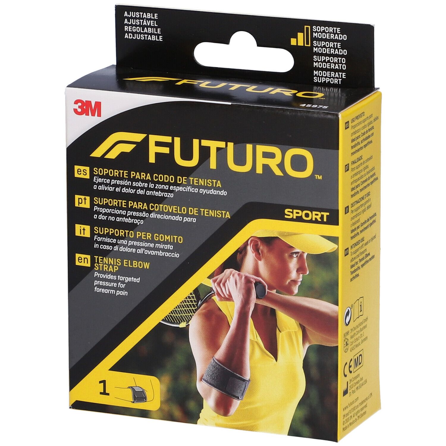Confezione FUTURO™ Supporto per gomito Sport. Immagine prodotto e nome. Logo 3M. Marchio CE.