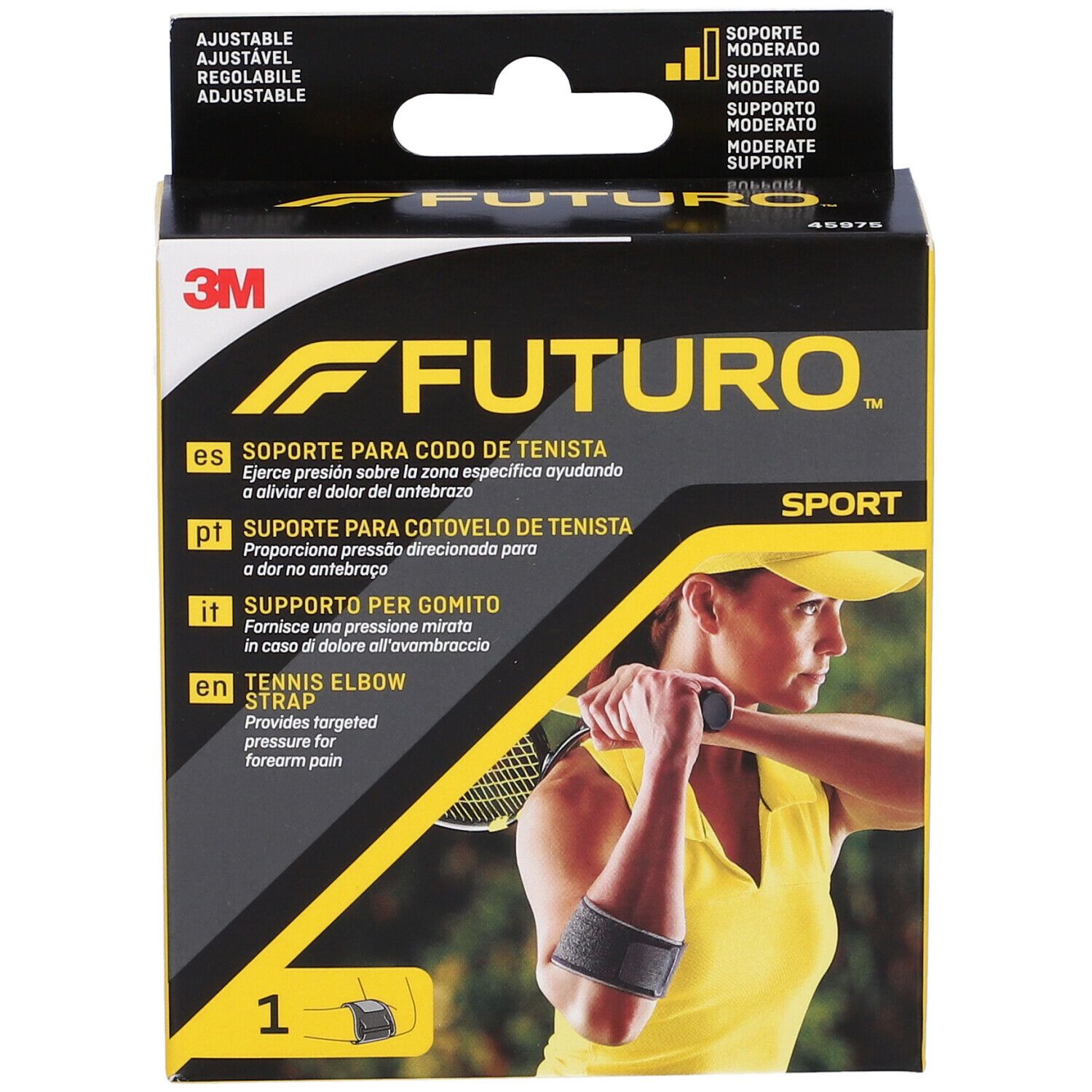 Confezione FUTURO™ Supporto per gomito Sport. Immagine prodotto e nome. Logo 3M.