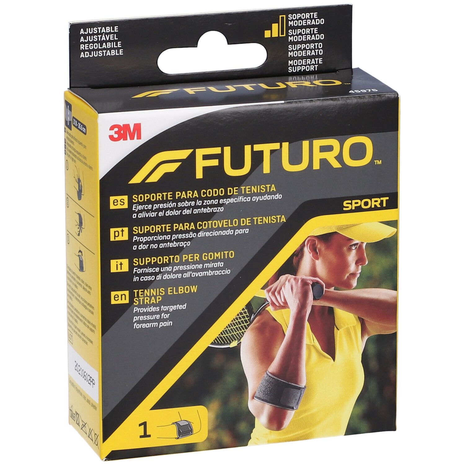 Confezione FUTURO™ Supporto per gomito Sport. Immagine prodotto e nome. Logo 3M.