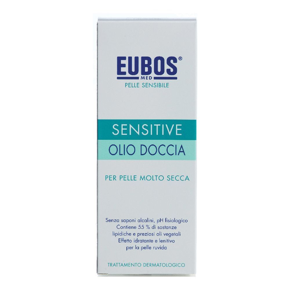 EUBOS® Med. Sensitive Duschöl-Verpackung. Weißer Karton mit Produktinformationen und Logo.