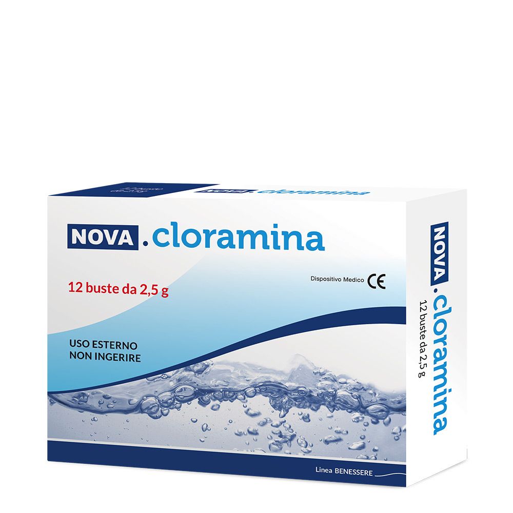 Confezione di NOVA.cloramina. 12 bustine da 2,5 g. Dispositivo medico. Illustrazione onde blu. Testo: USO ESTERNO NON INGERIRE.
