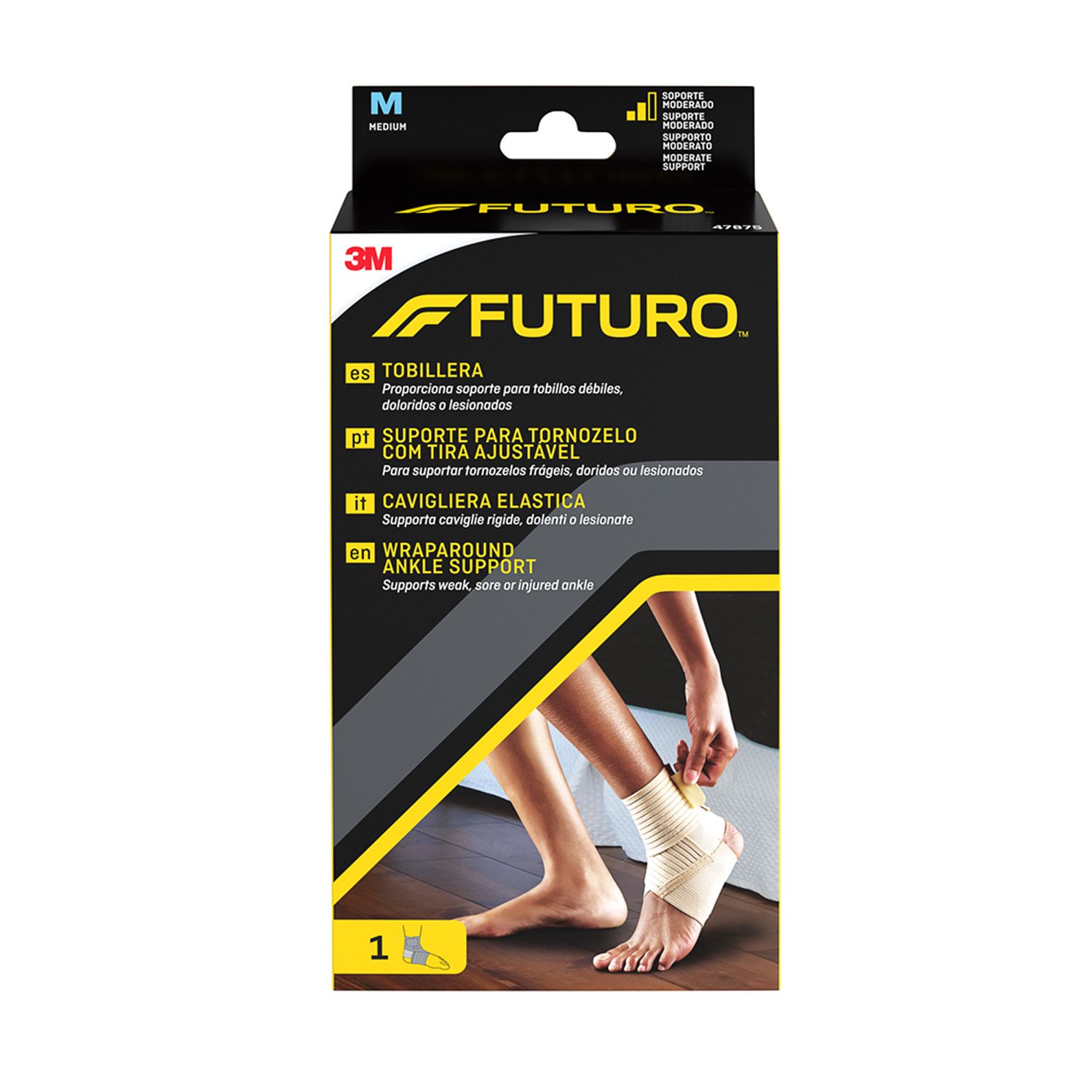 Confezione FUTURO™ Cavigliera elastica M. Immagine del prodotto e informazioni. Scritte: FUTURO, Cavigliera elastica.