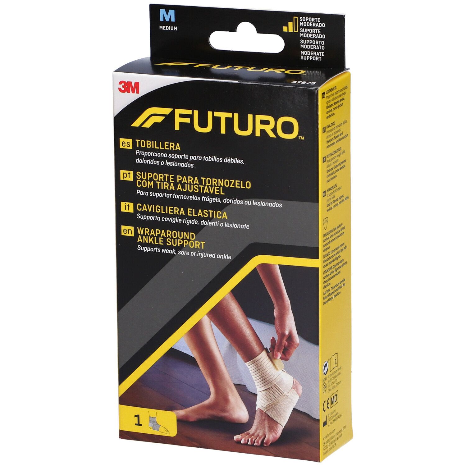 Confezione FUTURO™ Cavigliera elastica M. Immagine del prodotto e informazioni. Scritte: FUTURO, Cavigliera elastica.