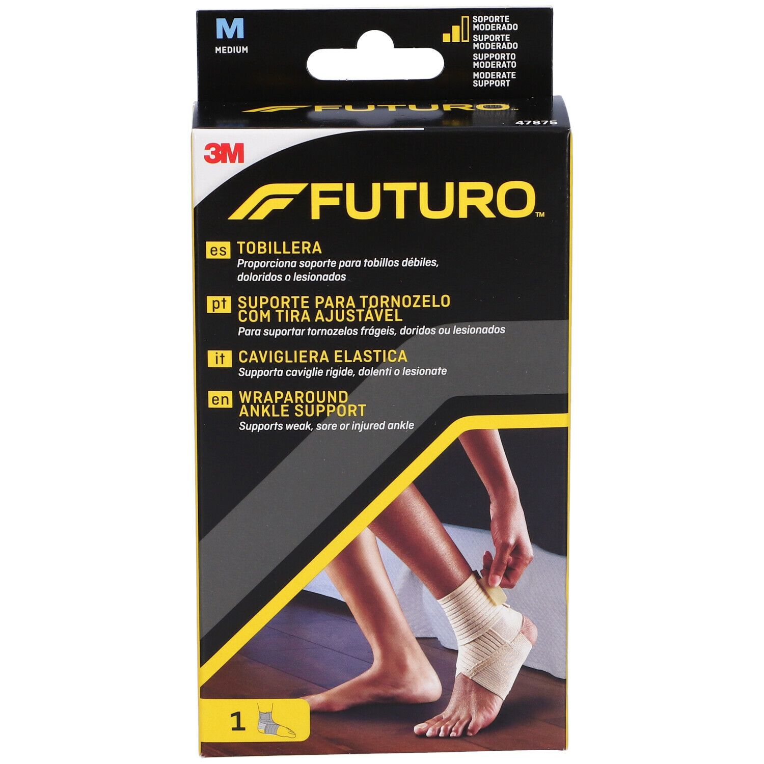 Confezione FUTURO™ Cavigliera elastica M. Immagine del prodotto e informazioni. Scritte: FUTURO, Cavigliera elastica.