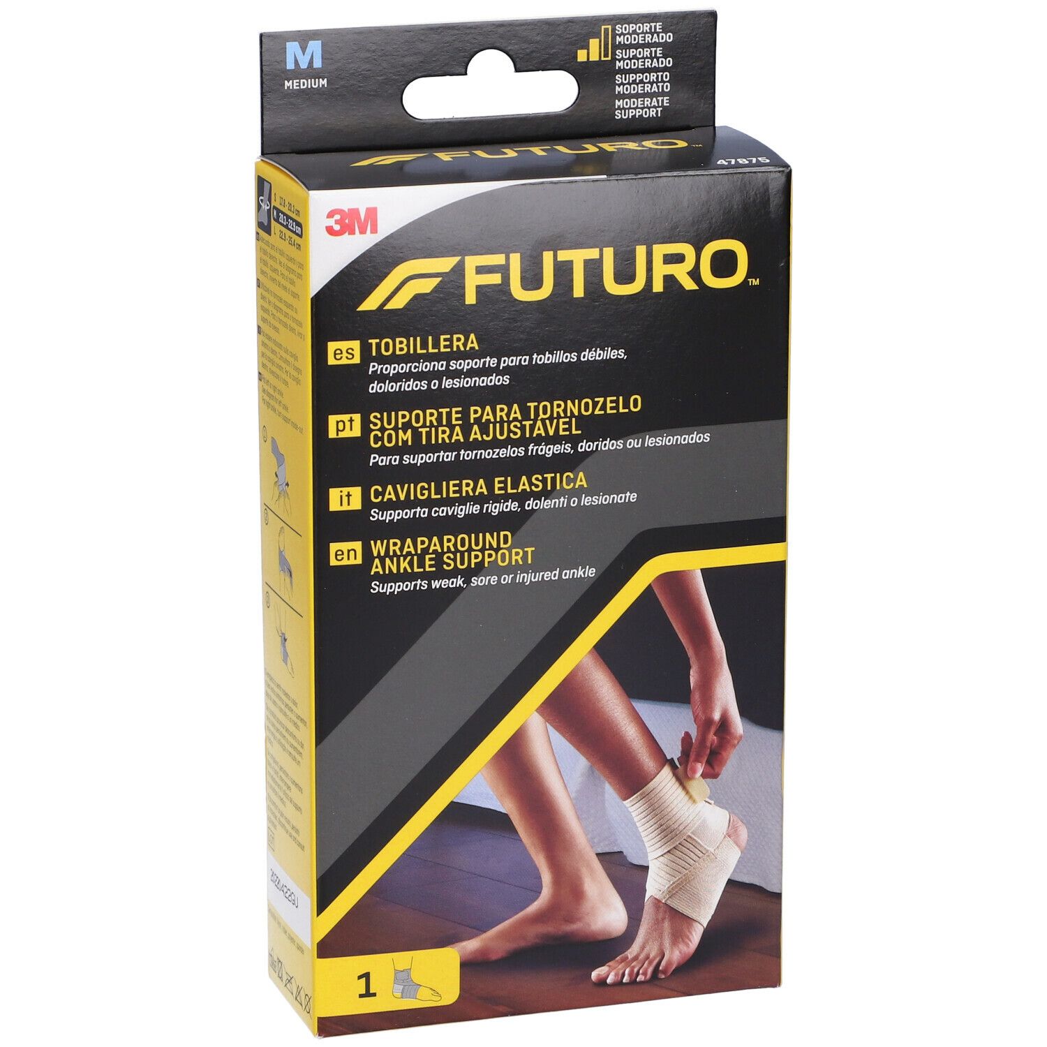 Confezione FUTURO™ Cavigliera elastica M. Immagine del prodotto e informazioni. Scritte: FUTURO, Cavigliera elastica.