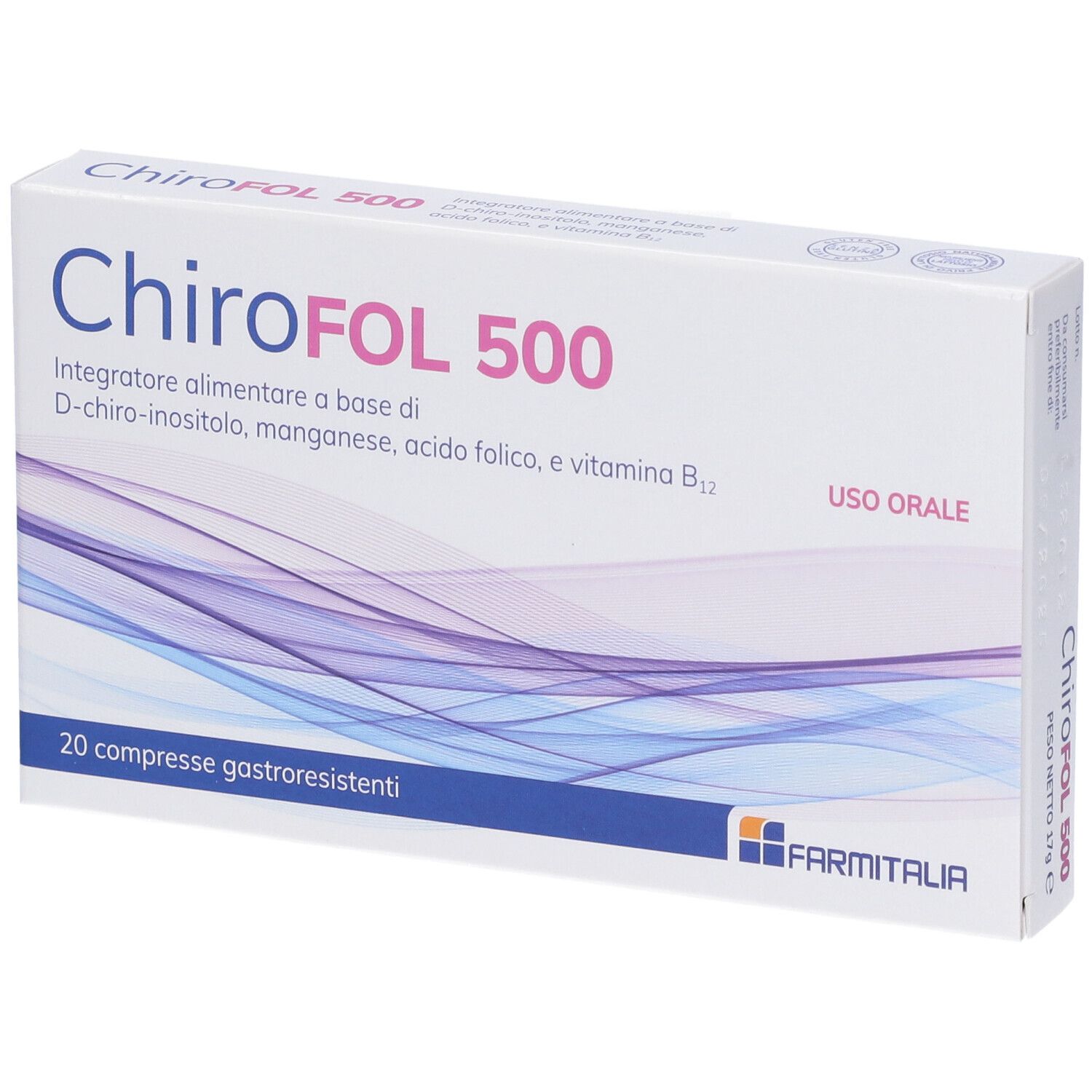 Scatola bianca CHIROFOL 500. Contiene 20 compresse. Testo italiano. Marchio: Farmitalia. Ingredienti: D-chiro-inositolo, acido folico, vitamina B12.