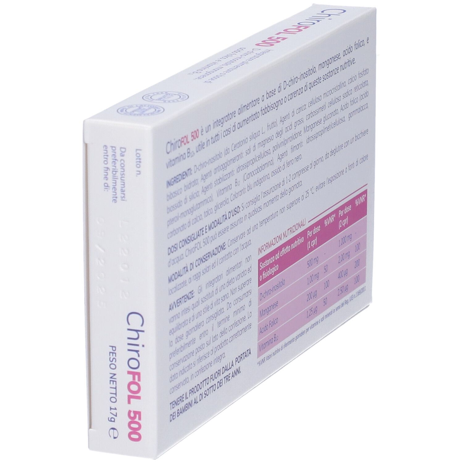 Vista laterale della confezione CHIROFOL 500. Informazioni sugli ingredienti e peso netto. Testo italiano.