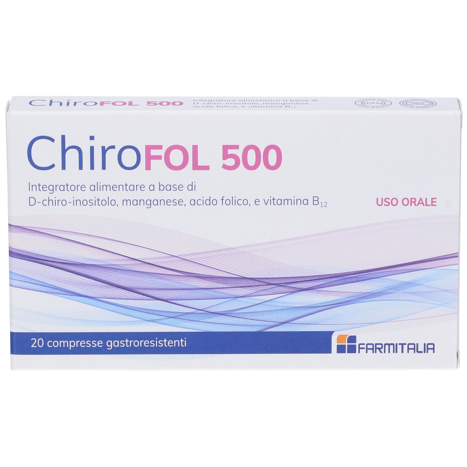 Scatola bianca CHIROFOL 500. Contiene 20 compresse. Testo italiano. Marchio: Farmitalia. Ingredienti: D-chiro-inositolo, acido folico, vitamina B12.