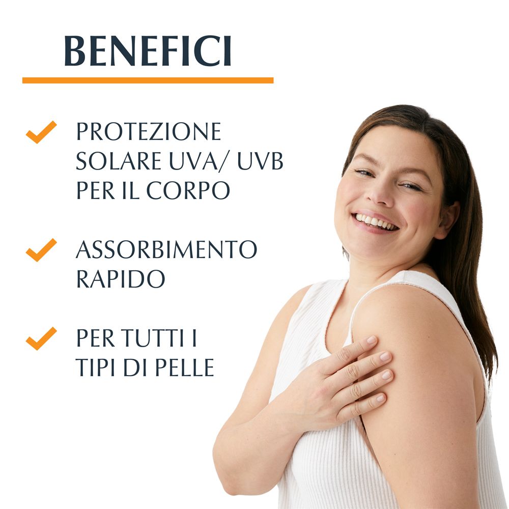 Donna sorridente. Testo: Protezione solare UVA/UVB per il corpo, assorbimento rapido, per tutti i tipi di pelle.