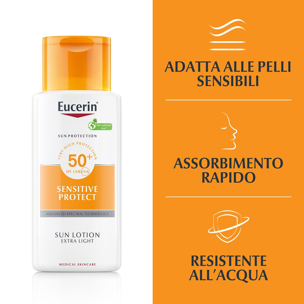 Flacone Eucerin Sun Sensitive Protect Lotion Extra Light LSF 50+. Testo: Adatto alle pelli sensibili, assorbimento rapido, resistente all'acqua.