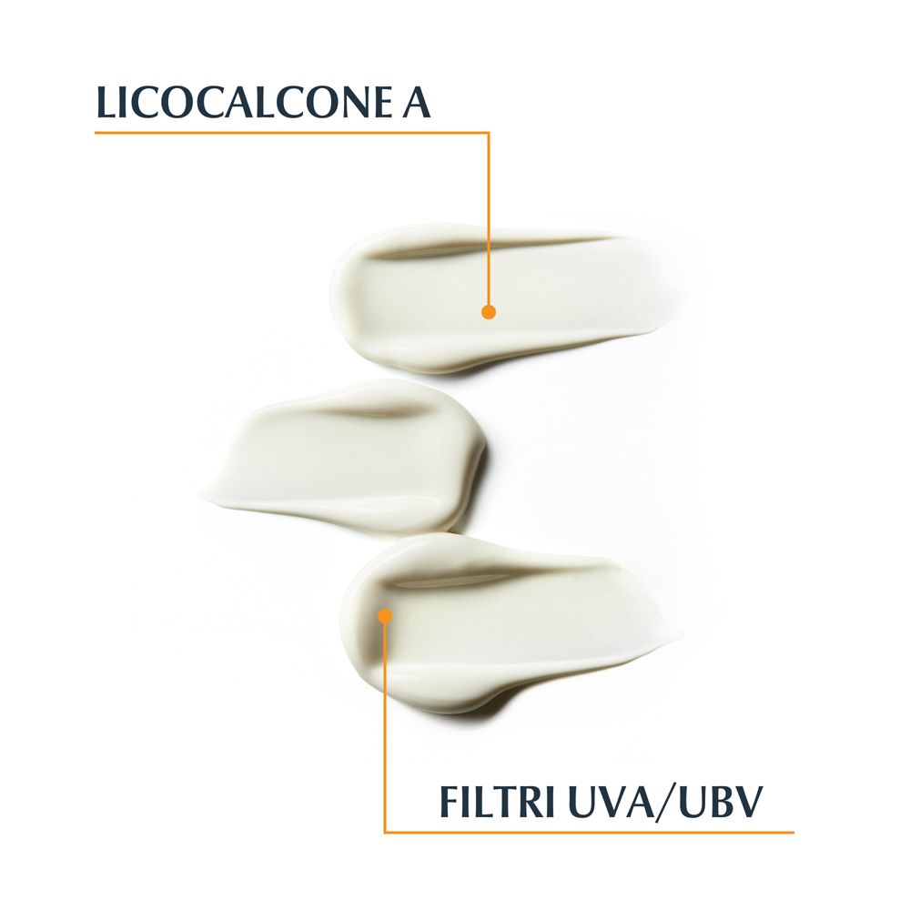 Tre strisce cremose. Testo: Licochalcone A, filtri UVA/UVB.