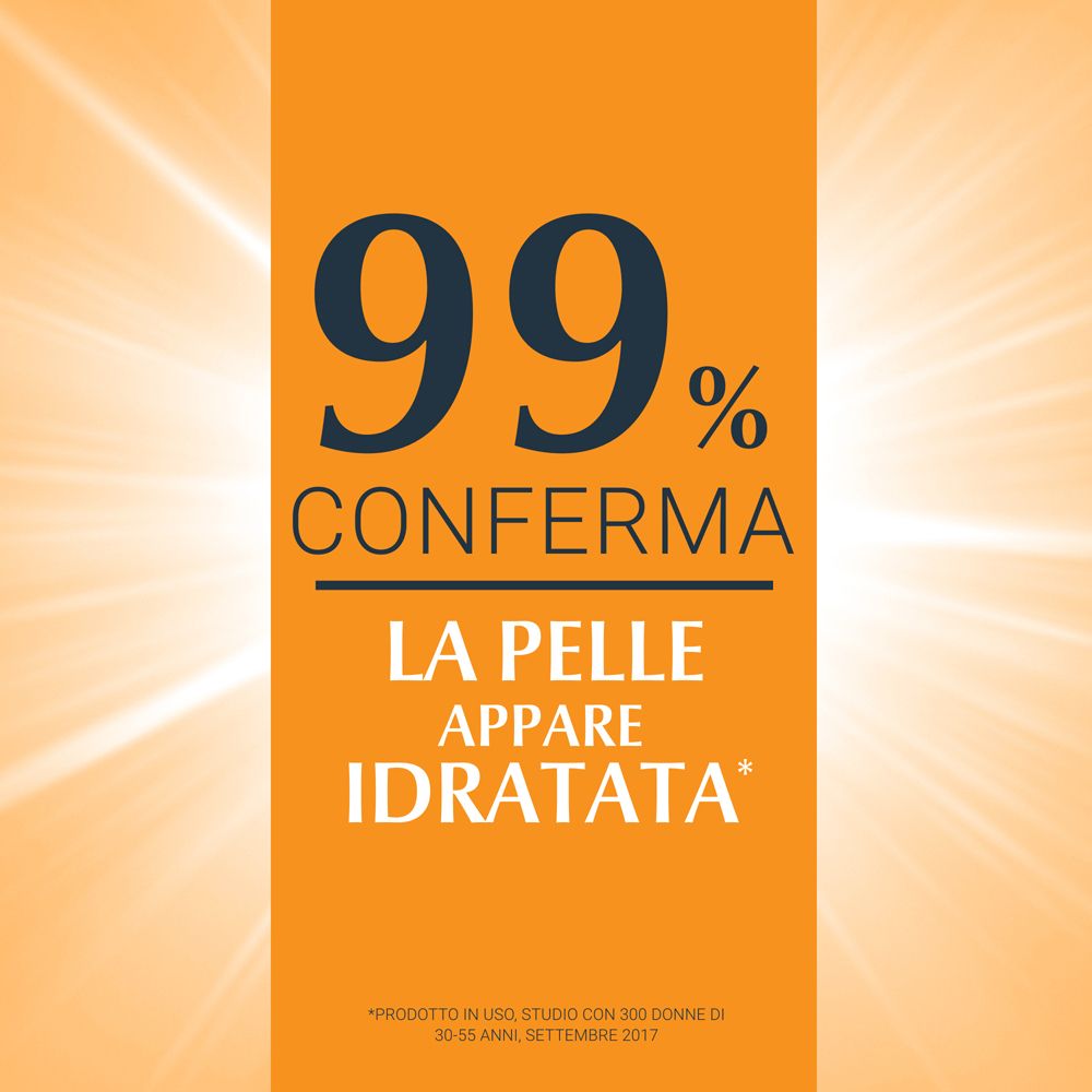 Sfondo arancione. Testo: Il 99% conferma che la pelle appare idratata.
