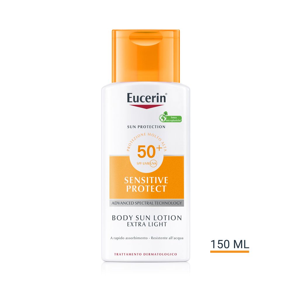 Flacone Eucerin Sun Sensitive Protect Lotion Extra Light LSF 50+. Tappo arancione, etichetta bianca con testo.