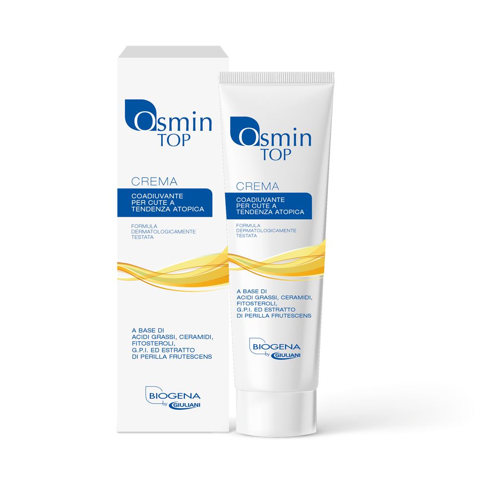 Tubo e confezione di crema Osmin Top. Bianchi, blu e gialli. Testo: Crema, Coadiuvante per cute a tendenza atopica.