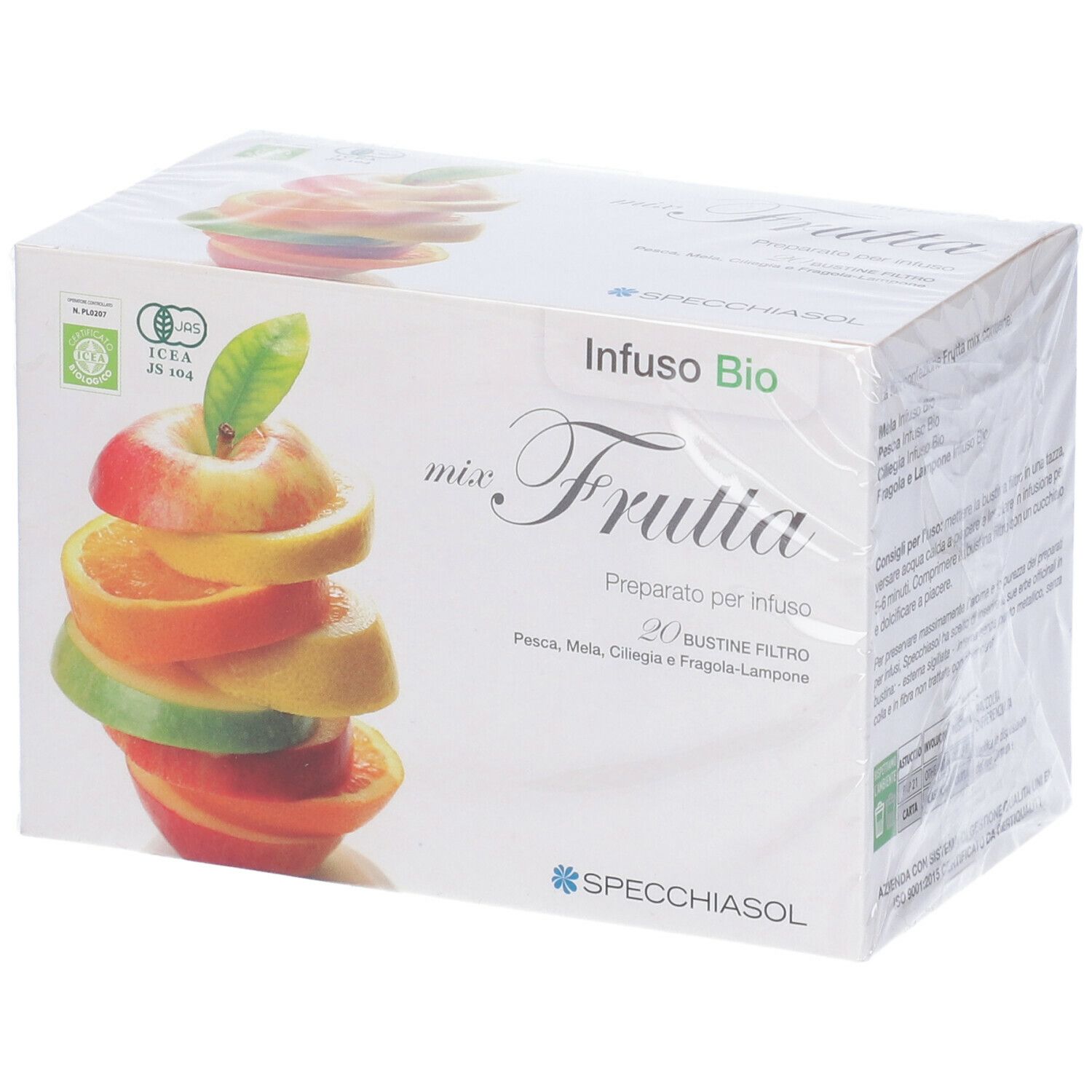 Confezione "Infuso Bio mix Frutta". Immagine di frutta. Marchio Specchiasol. Certificazione ICEA.