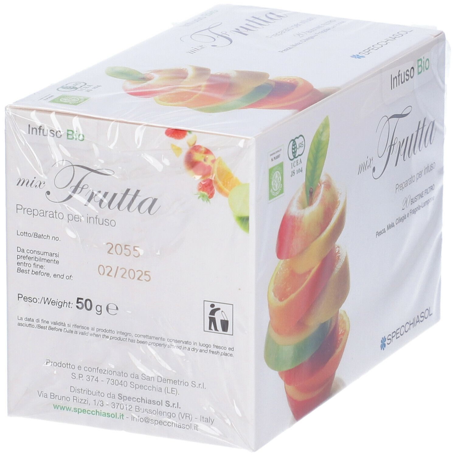 Confezione "Infuso Bio mix Frutta". Immagine di frutta. Marchio Specchiasol. Scadenza 02/2025. 50g.