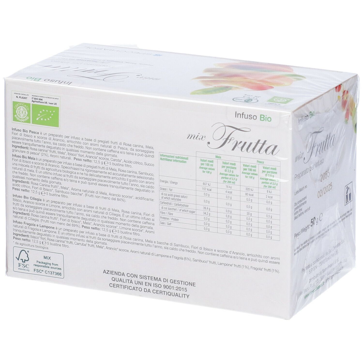 Retro della confezione "Infuso Bio mix Frutta". Informazioni testuali e tabella nutrizionale. Certificazione Certiquality.