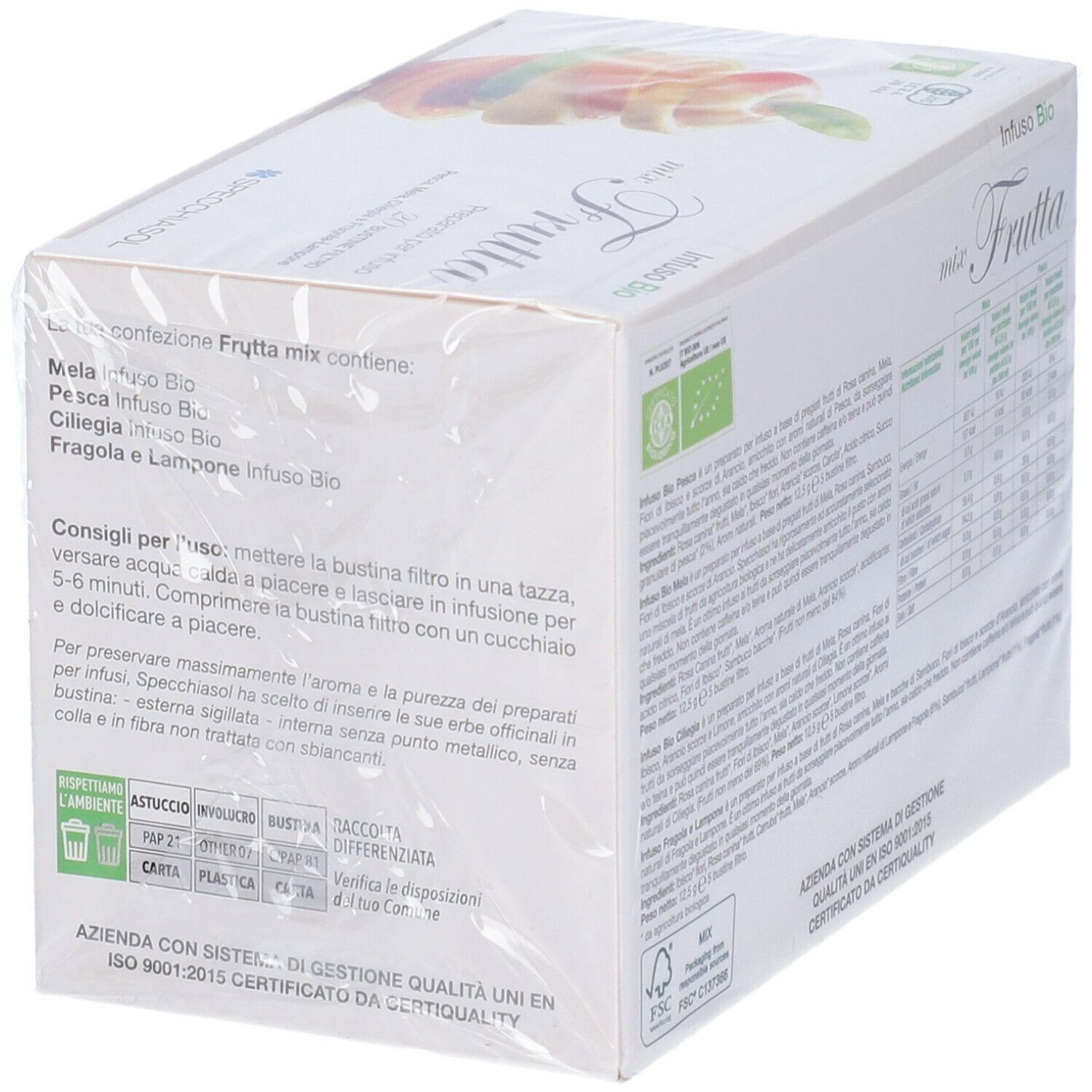 Confezione "Infuso Bio mix Frutta". Testo e istruzioni. Certificazioni. Simboli di riciclaggio.