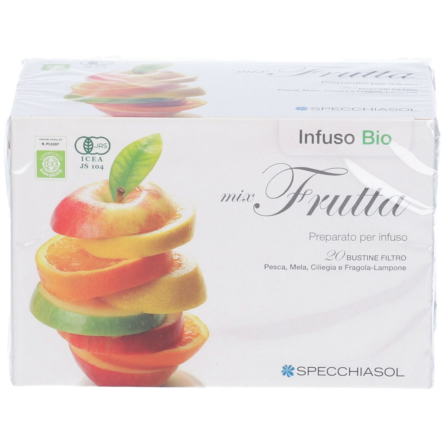 Confezione "Infuso Bio mix Frutta". Immagine di frutta. 20 bustine filtro. Marchio Specchiasol. Certificazione ICEA.