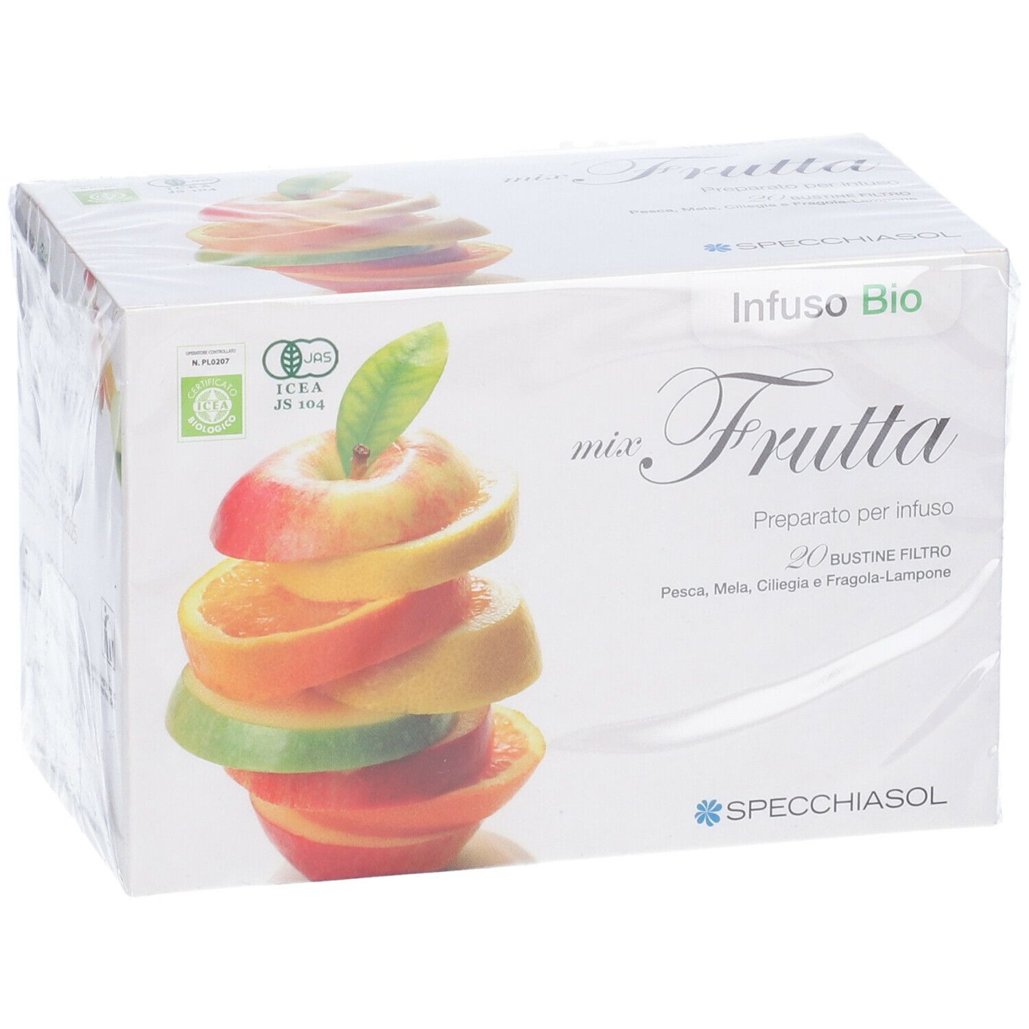 Confezione "Infuso Bio mix Frutta". Immagine di frutta. 20 bustine filtro. Marchio Specchiasol. Certificazione ICEA.