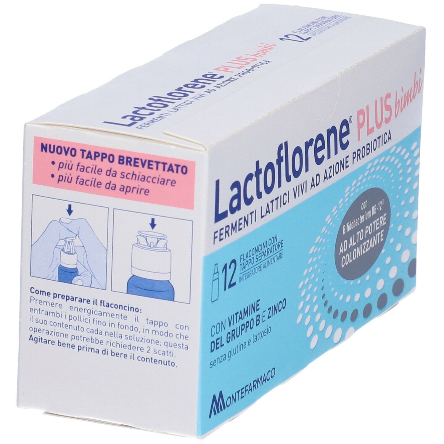 Confezione Lactoflorene® Plus Bimbi. Mostra le istruzioni per aprire il flaconcino. Contiene 12 flaconcini.