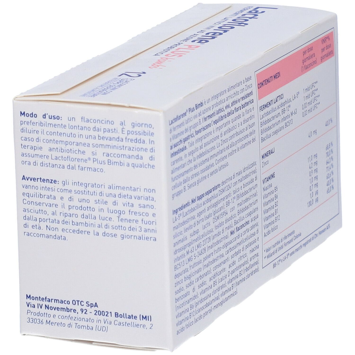 Retro della confezione Lactoflorene® Plus Bimbi. Contiene informazioni sugli ingredienti e l'uso.