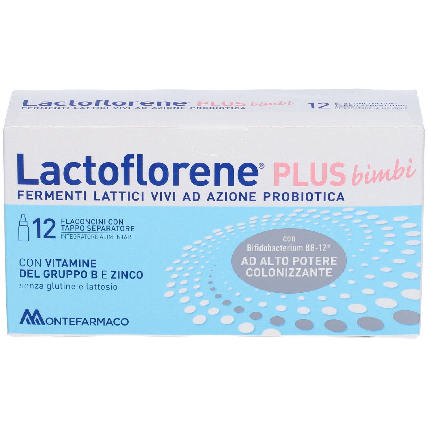 Confezione di Lactoflorene® Plus Bimbi. Contiene 12 flaconcini con tappo separatore. Colori blu e bianco.