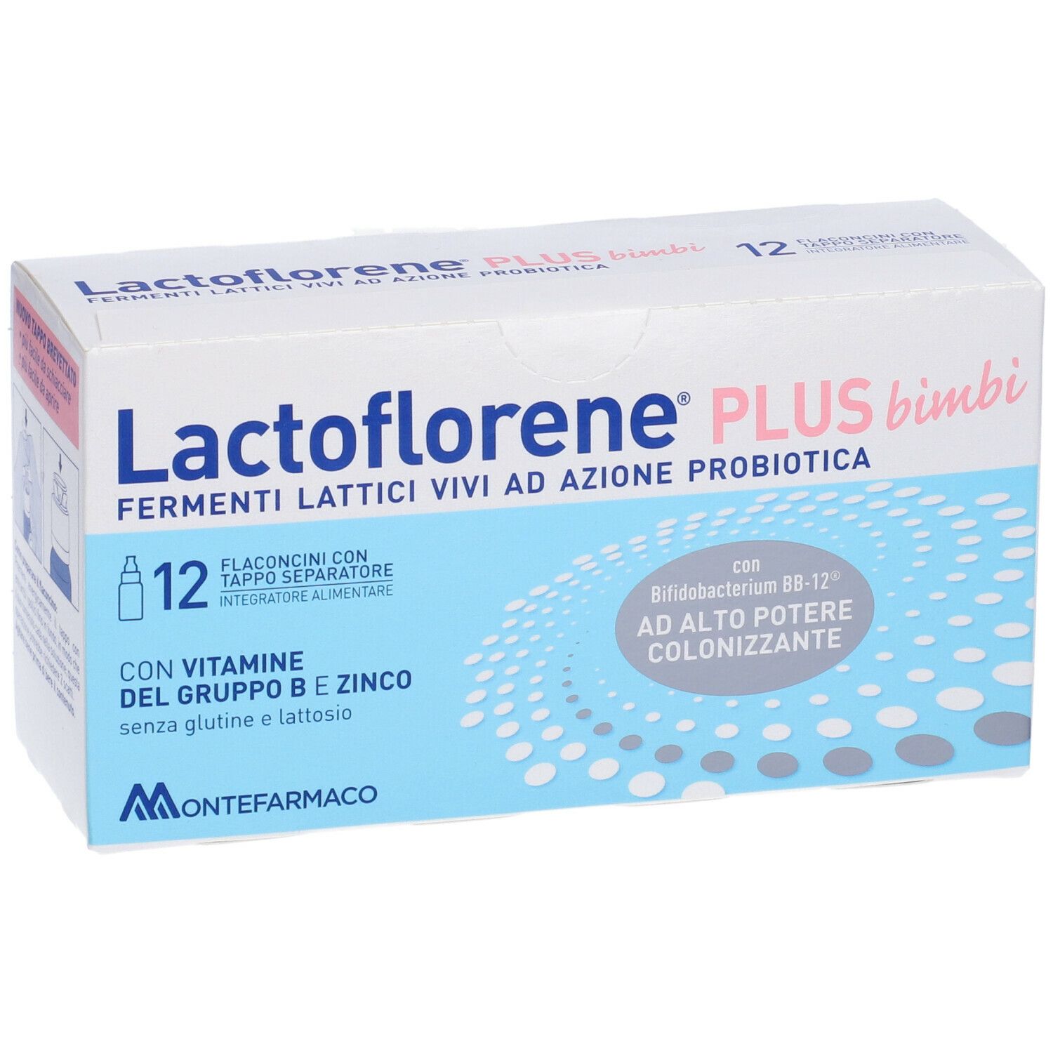 Confezione di Lactoflorene® Plus Bimbi. Contiene 12 flaconcini con tappo separatore. Colori blu e bianco.