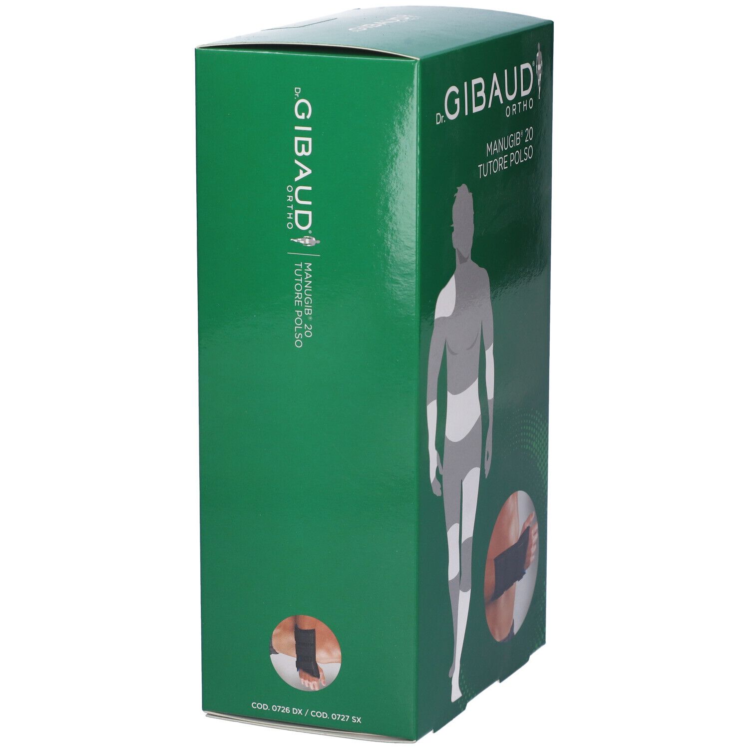 Grüne Verpackung von Gibaud Ortho Manugib 20. Seitenansicht mit Produktnamen und Illustration.