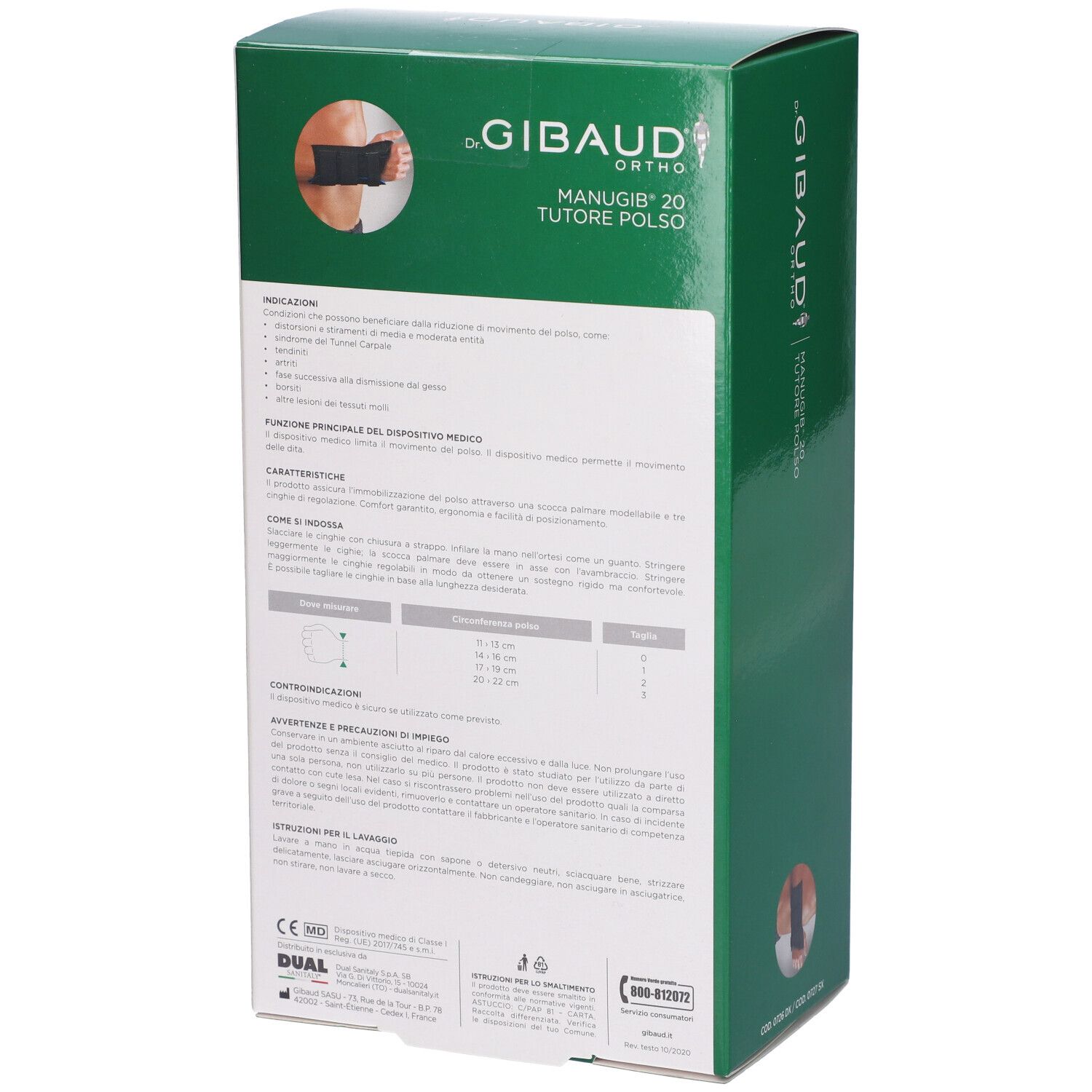 Rückseite der grünen Verpackung von Gibaud Ortho Manugib 20. Textinformationen und Größenangaben.