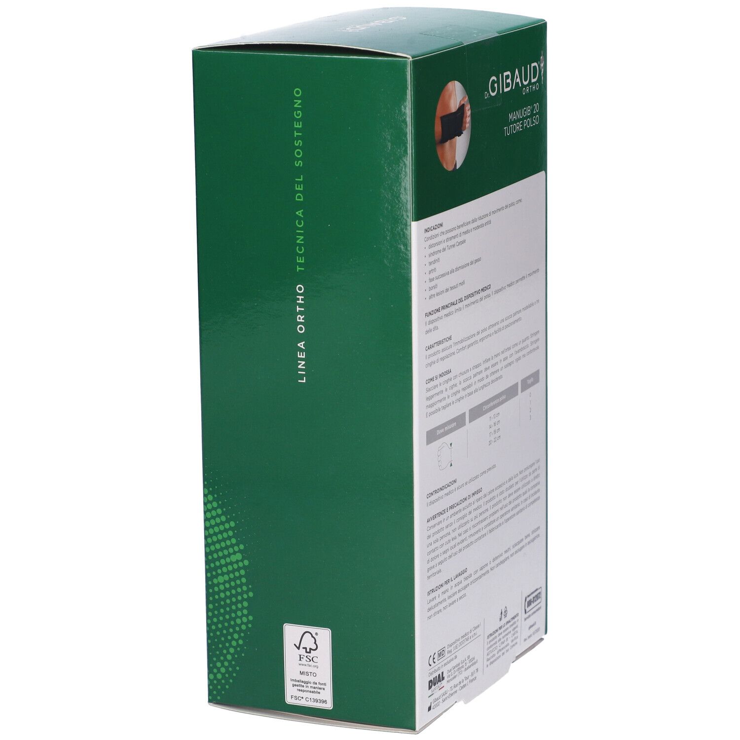 Seitenansicht der grünen Verpackung von Gibaud Ortho Manugib 20. Text und Logo.