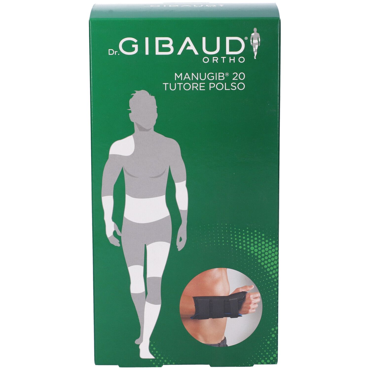Grüne Verpackung von Gibaud Ortho Manugib 20. Abbildung eines Handgelenkstütze. Aufdruck mit Produktname und Illustration.