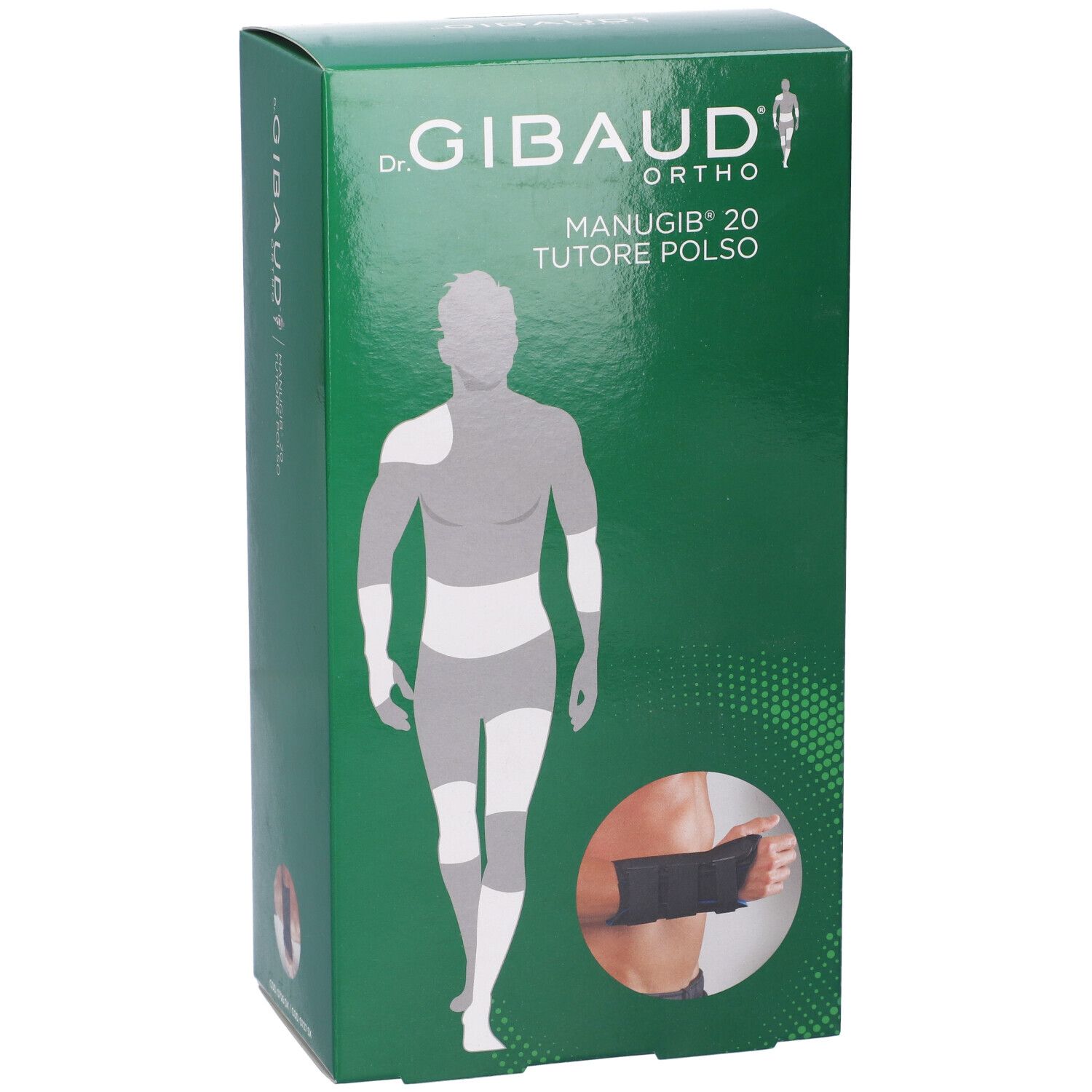 Grüne Verpackung von Gibaud Ortho Manugib 20. Abbildung eines Handgelenkstütze. Aufdruck mit Produktname und Illustration.