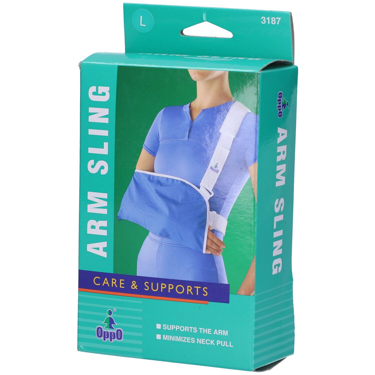 Tutore braccio Oppo in confezione. Supporto blu, cinturino bianco. Taglia L. Scritta: Care & Supports.
