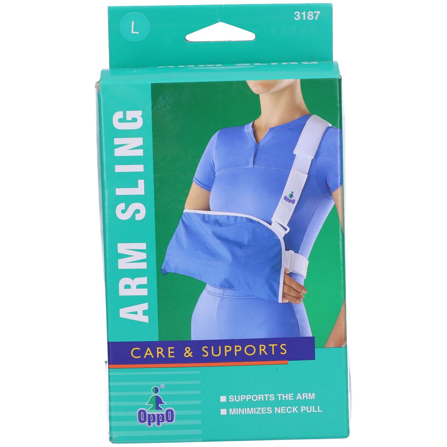 Tutore braccio Oppo in confezione. Supporto blu, cinturino bianco. Taglia L. Scritta: Care & Supports.